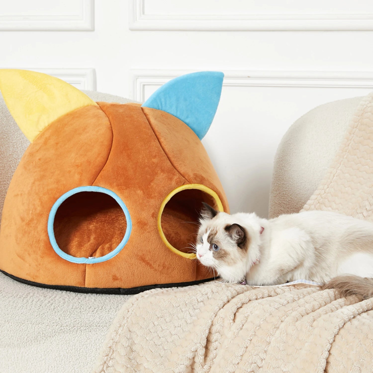 Winter Warm Small Cat Bed Basket Comfortable Round Cat House Double Holes Soft Pet Cat Nest Windproof Tent Accessories