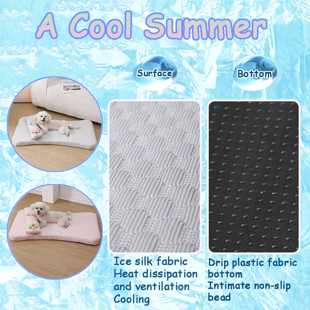 Sleeping Soft Ice Silk Small Cat Mat Comfortable Summer Cooling Cushion Washable Medium Dog Bed Pet Nest Accessories with Pillow