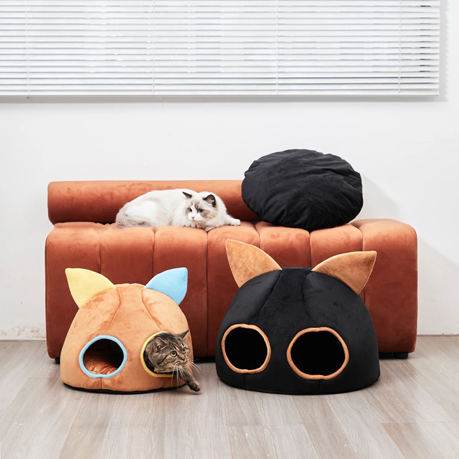 Winter Warm Small Cat Bed Basket Comfortable Round Cat House Double Holes Soft Pet Cat Nest Windproof Tent Accessories