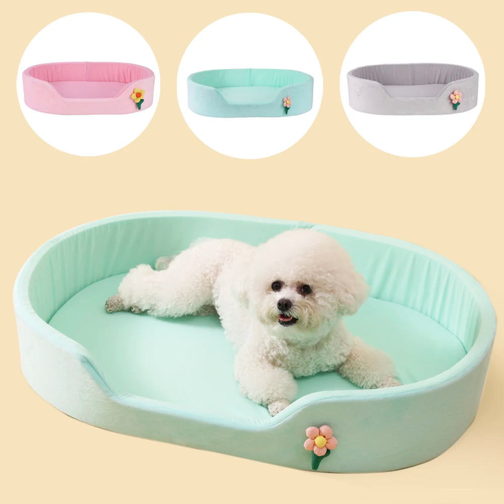 Summer Cool Round Elastic Dog Bed Cat Cushion Basket Soft Windproof Thickened Pet Sofa Ice Silk Flower Double-Sided Mat