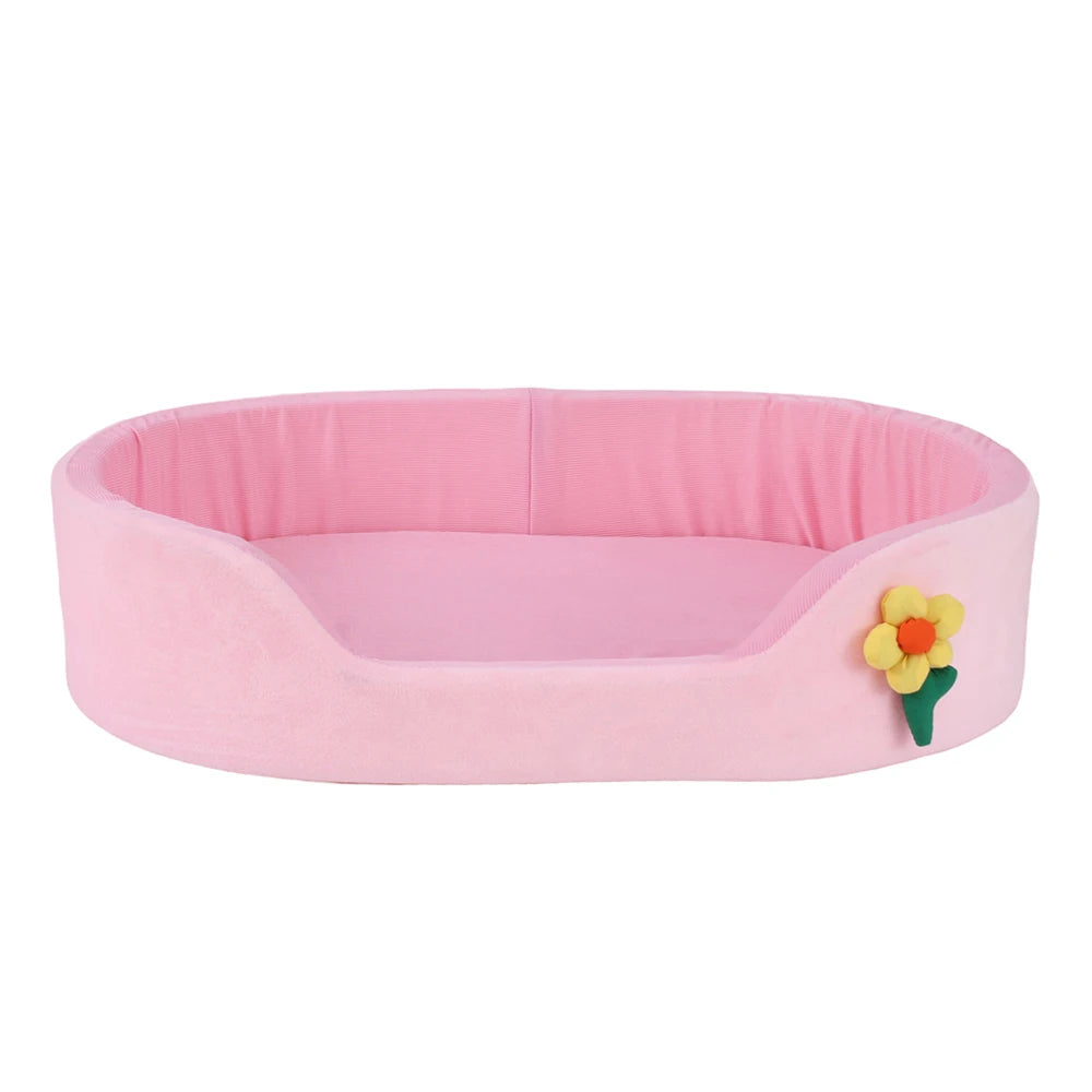 Summer Cool Round Elastic Dog Bed Cat Cushion Basket Soft Windproof Thickened Pet Sofa Ice Silk Flower Double-Sided Mat