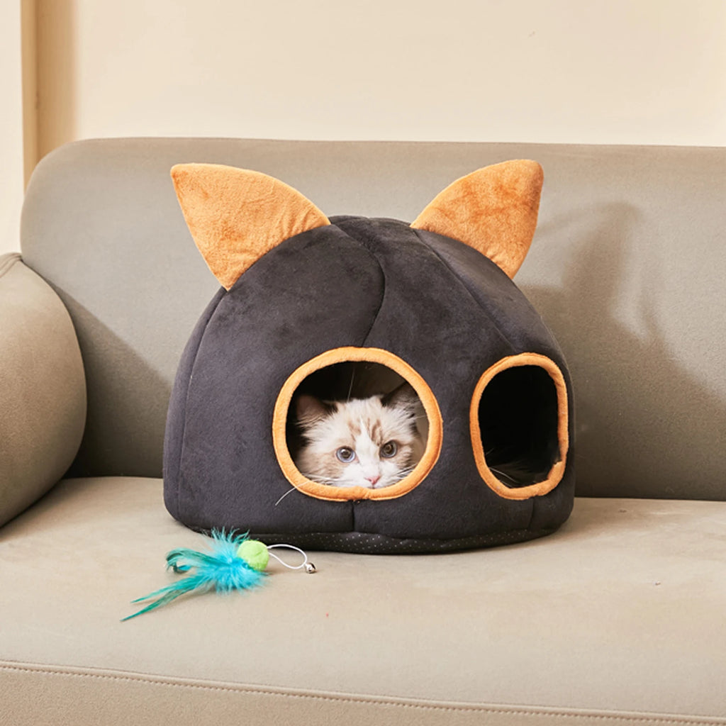 Winter Warm Small Cat Bed Basket Comfortable Round Cat House Double Holes Soft Pet Cat Nest Windproof Tent Accessories