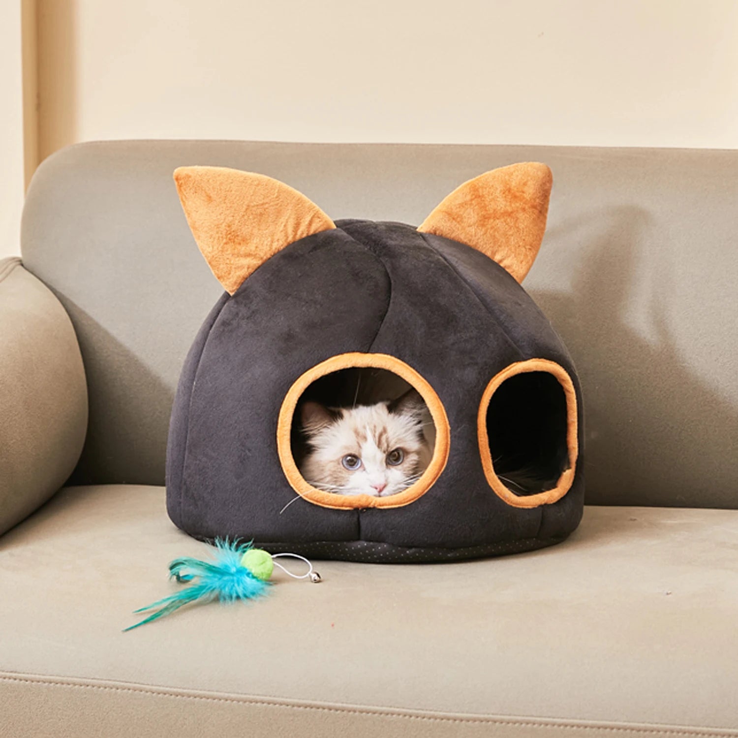 Winter Warm Small Cat Bed Basket Comfortable Round Cat House Double Holes Soft Pet Cat Nest Windproof Tent Accessories