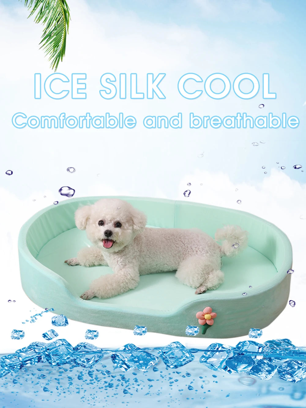 Summer Cool Round Elastic Dog Bed Cat Cushion Basket Soft Windproof Thickened Pet Sofa Ice Silk Flower Double-Sided Mat