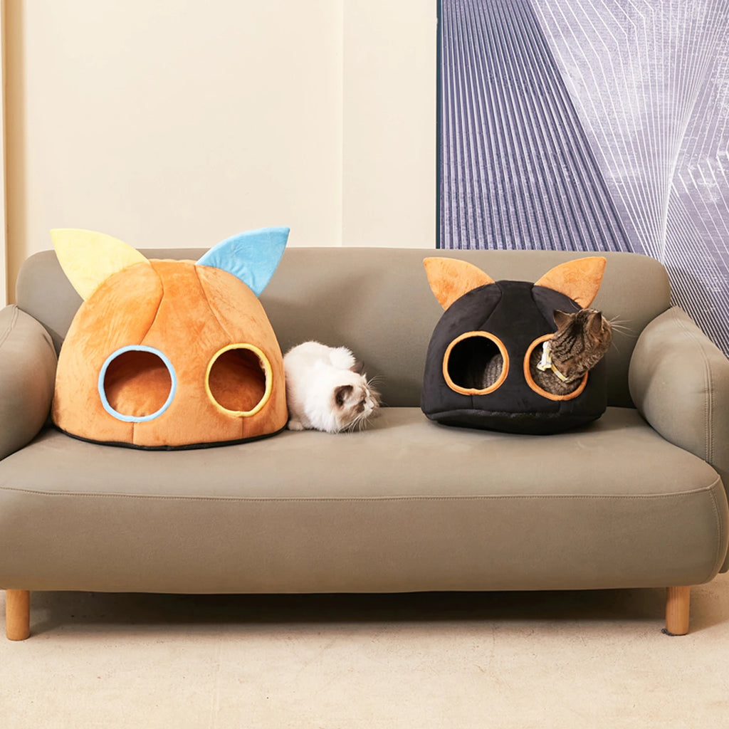 Winter Warm Small Cat Bed Basket Comfortable Round Cat House Double Holes Soft Pet Cat Nest Windproof Tent Accessories