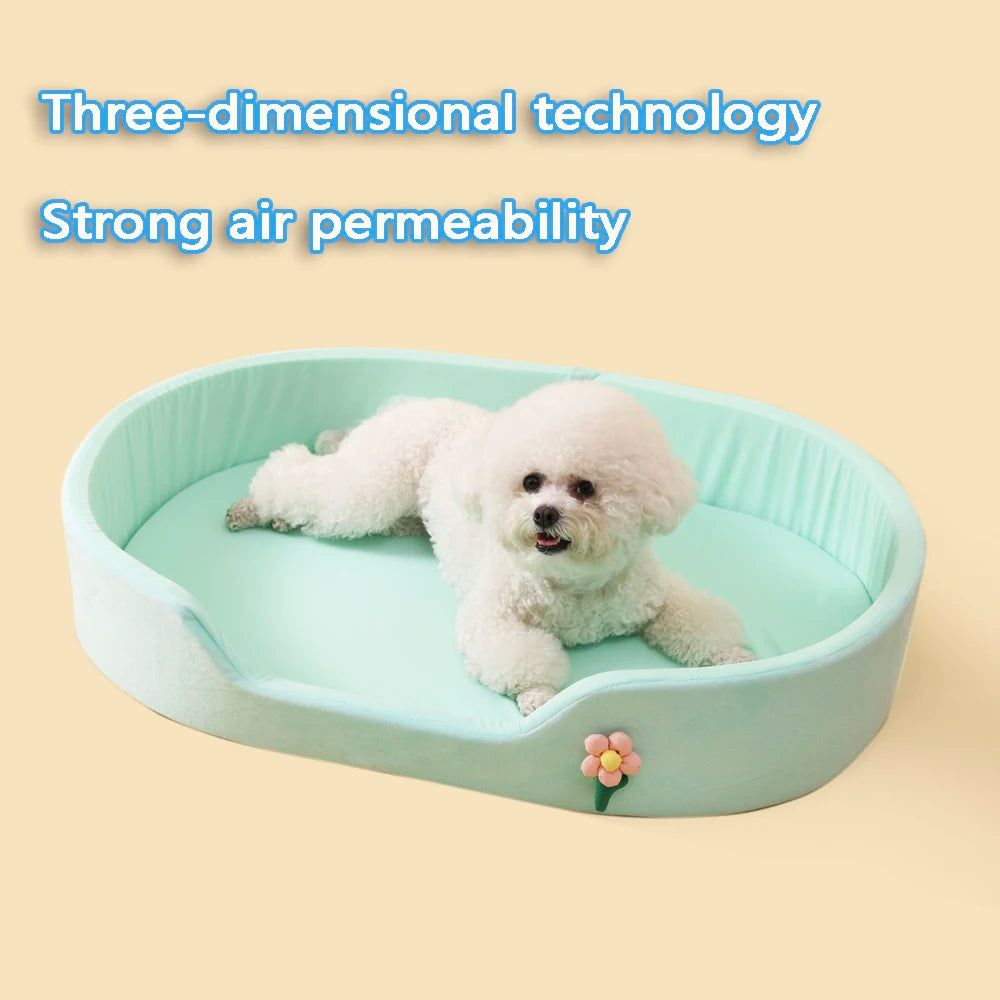 Summer Cool Round Elastic Dog Bed Cat Cushion Basket Soft Windproof Thickened Pet Sofa Ice Silk Flower Double-Sided Mat