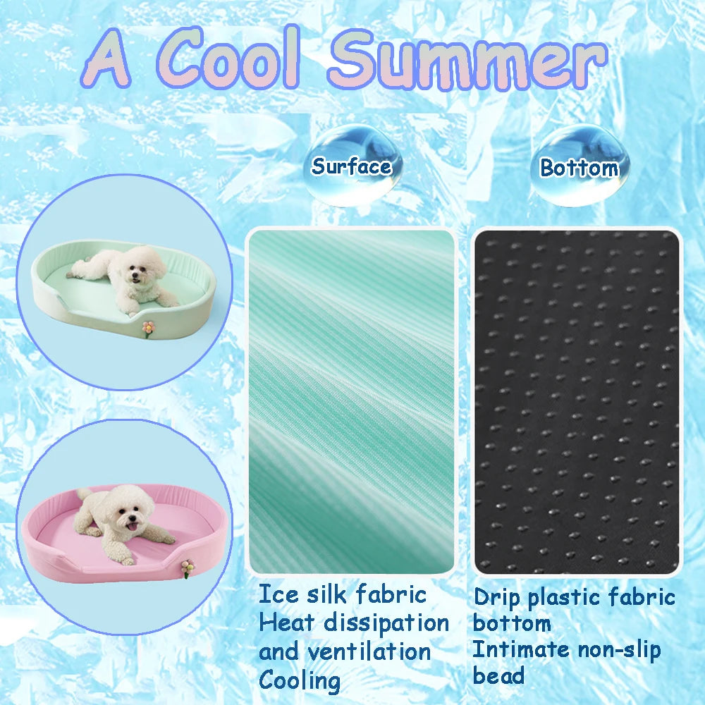 Summer Cool Round Elastic Dog Bed Cat Cushion Basket Soft Windproof Thickened Pet Sofa Ice Silk Flower Double-Sided Mat